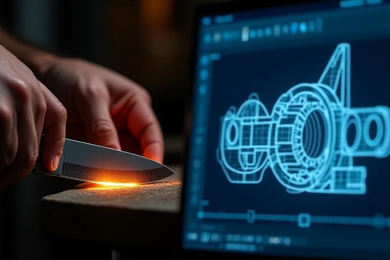 刃を検査する職人または詳細なCAD図面